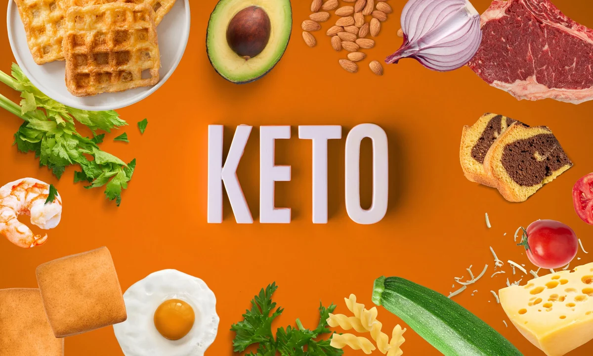 Keto diet foods including avocado, eggs, cheese, steak, nuts and vegetables